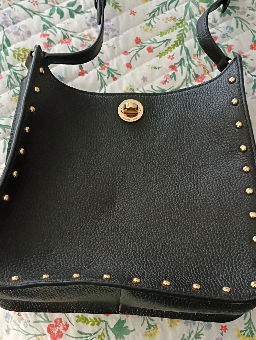 Michael Kors Black Leather Studded Shoulder Bag with Gold Turn-Lock Crossbody Ba
